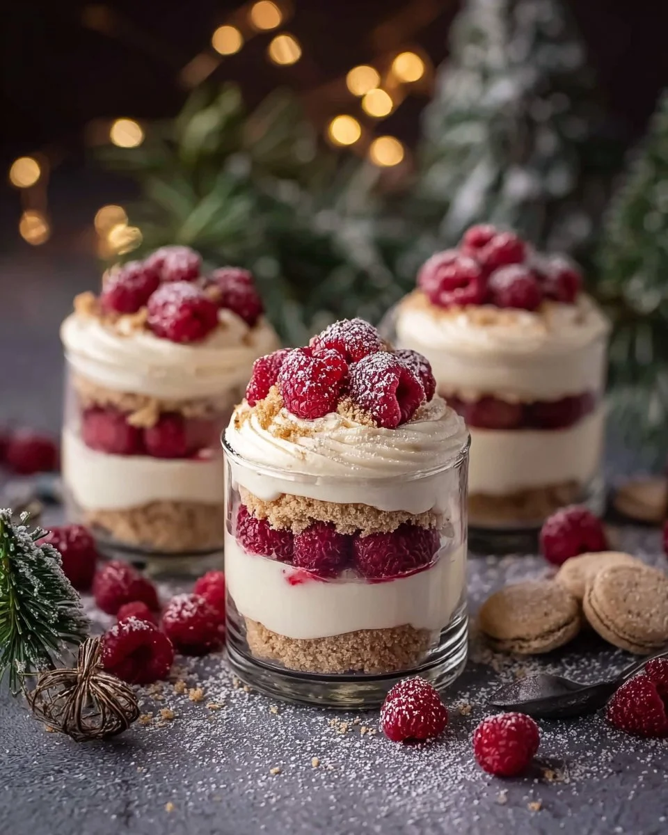 Vanillekipferl-Dessertschicht mit frischen Himbeeren in einem eleganten Glas serviert.