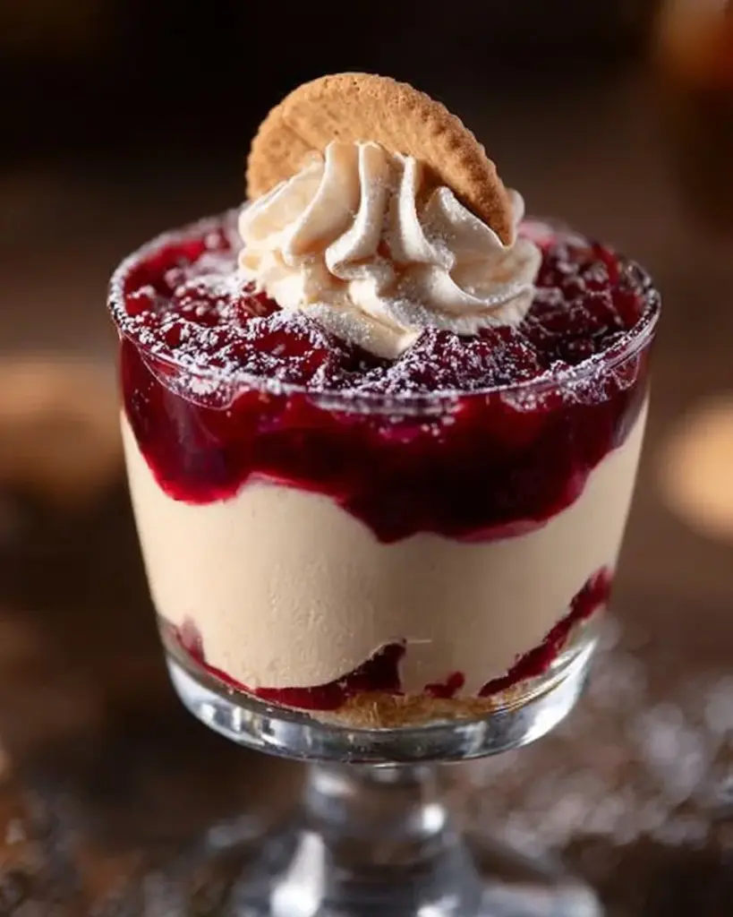 Vanillekipferl-Kirsch-Dessert mit Sahne und Kirschen