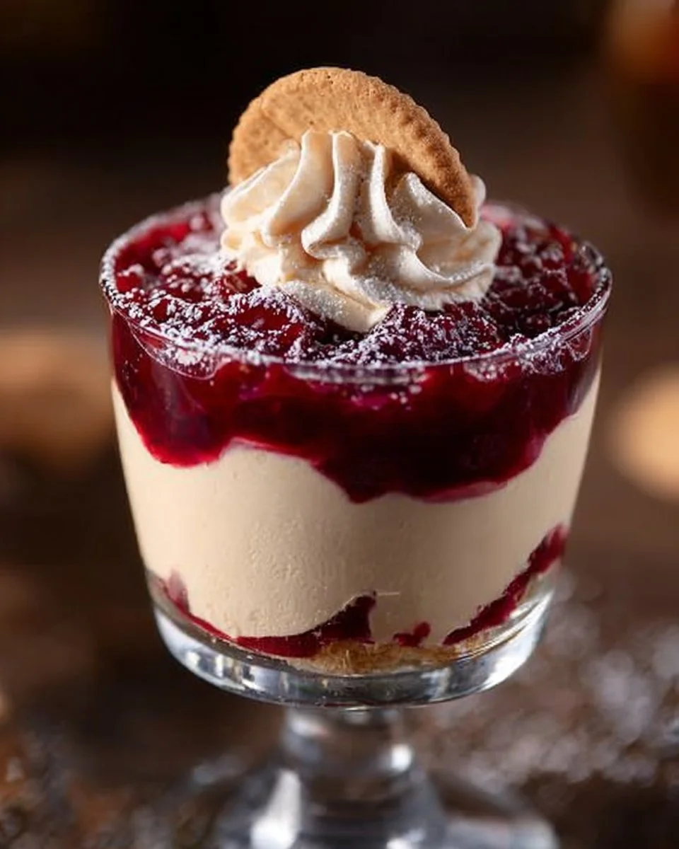 Vanillekipferl-Kirsch-Dessert mit Sahne und Kirschen