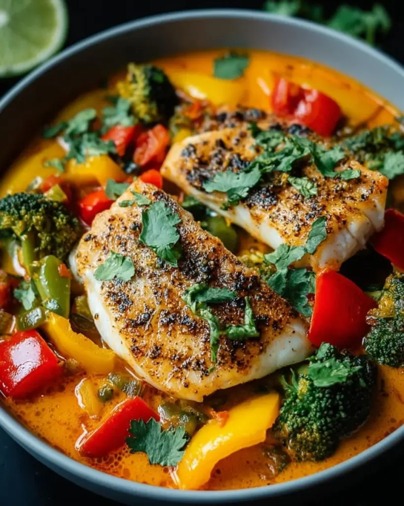 Vegetable and fish stew with coconut milk presented in a bowl