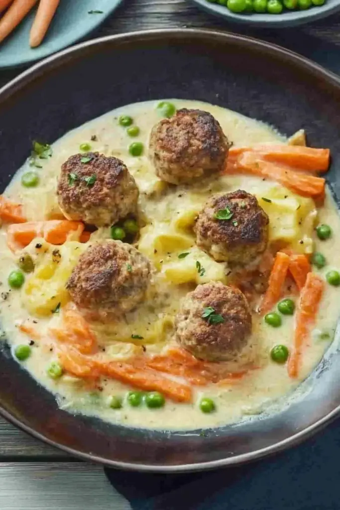 Wikingertopf mit Fleischbällchen serviert in einer traditionellen Schüssel.