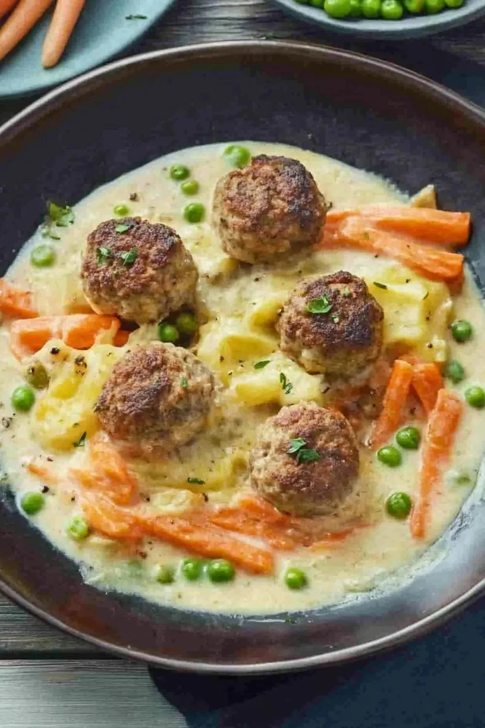Wikingertopf mit Fleischbällchen serviert in einer traditionellen Schüssel.