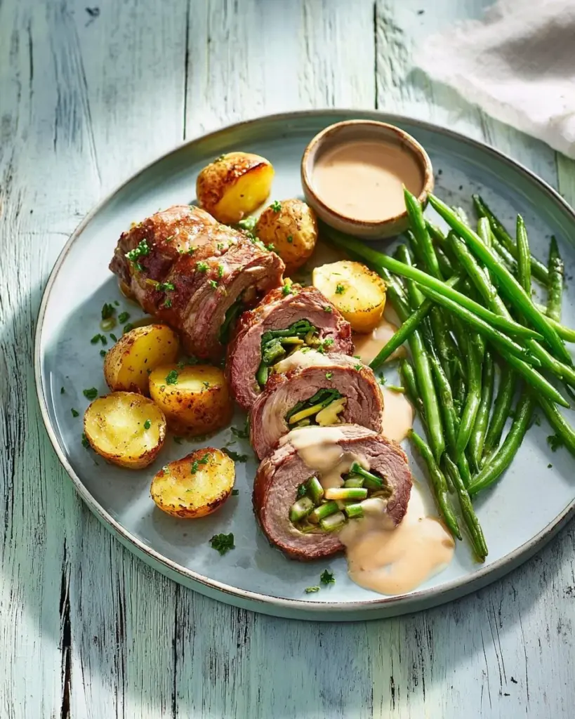 Zarte Steak-Roulade mit gerösteten Kartoffeln auf einem Teller serviert.