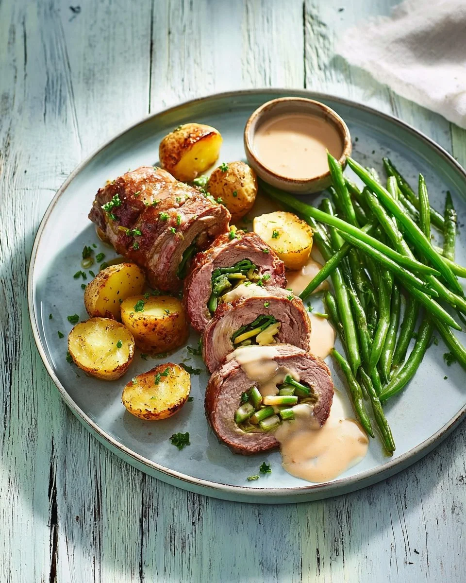 Zarte Steak-Roulade mit gerösteten Kartoffeln auf einem Teller serviert.