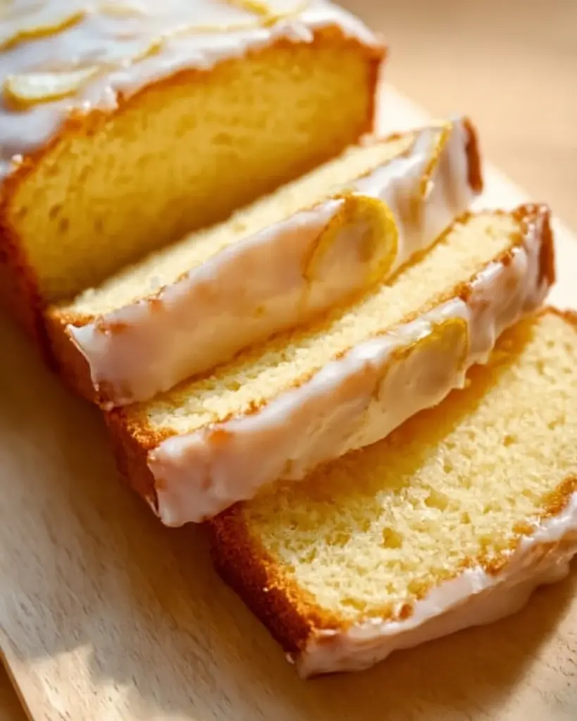 Zitronenkuchen mit Joghurt auf einem Teller mit Zitronenscheiben dekoriert.
