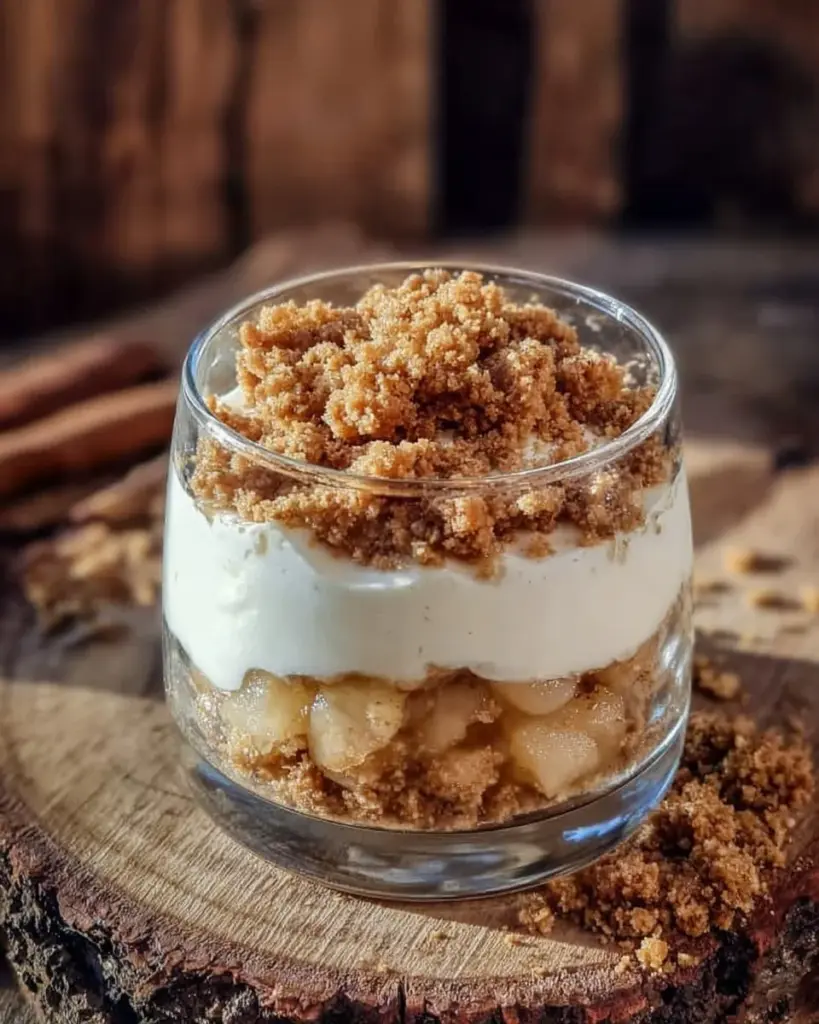 Leckeres Apfel-Crumble im Glas serviert mit geschmolzener Butter und Zimt