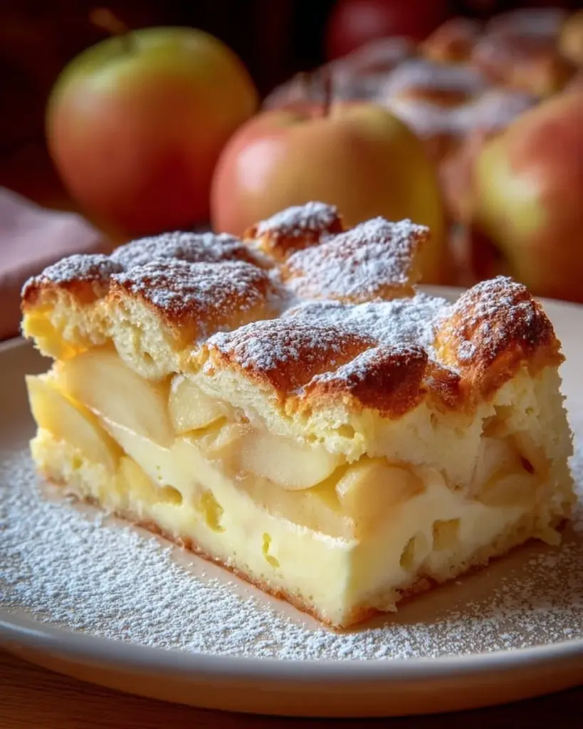 Apfelkuchen mit Vanillepudding auf einem Teller serviert