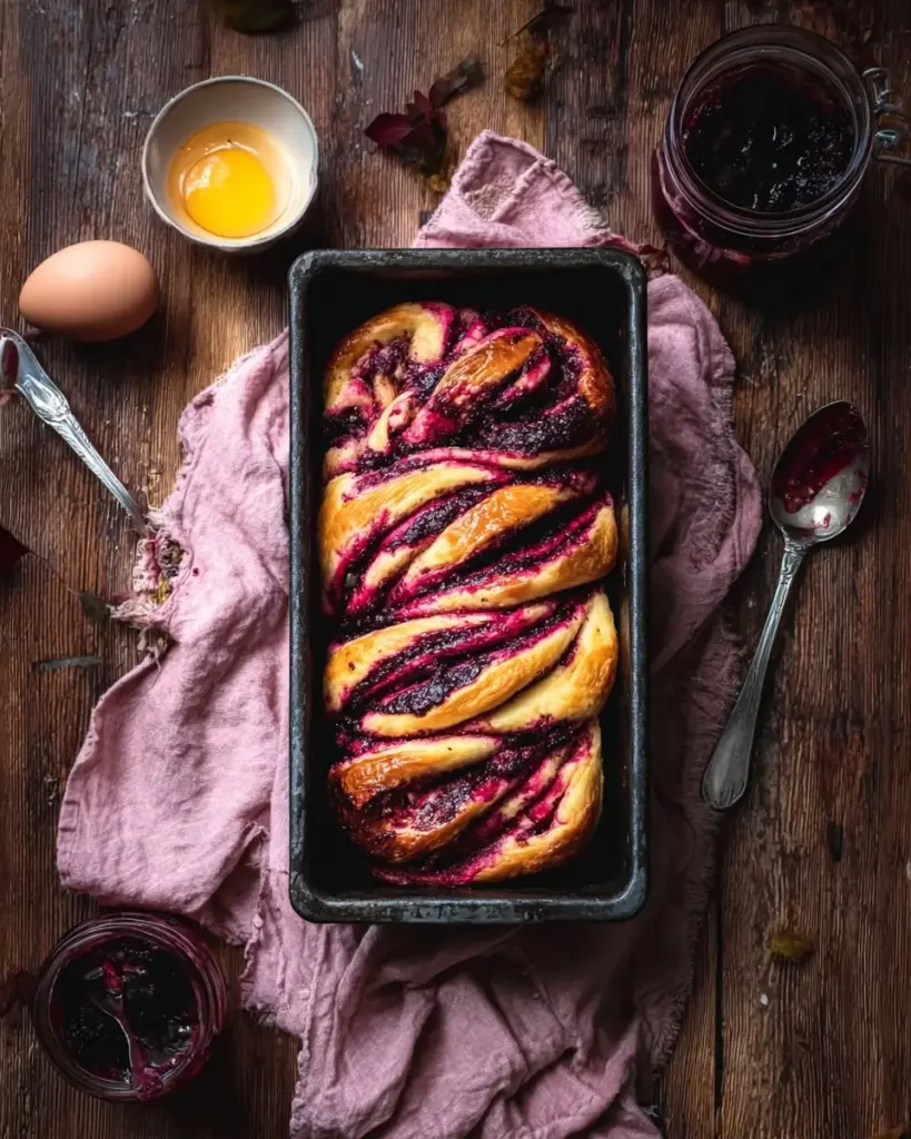Blaubeer-Babka mit frischen Blaubeeren auf einem Holzbrett