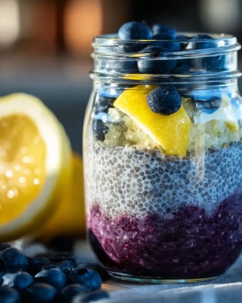 Blaubeer-Zitronen-Chia-Samen-Pudding in einer Schale mit frischen Beeren