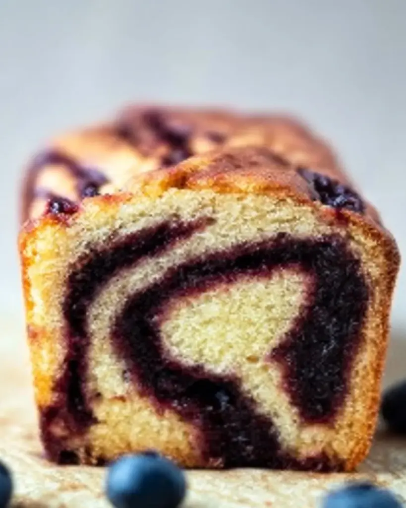 Frisch gebackene Blaubeer-Zitronen-Babka mit Sauerteig auf einem Holzbrett.