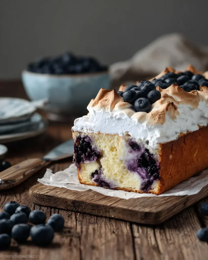 Blaubeerkuchen mit Baiser auf einem eleganten Teller serviert