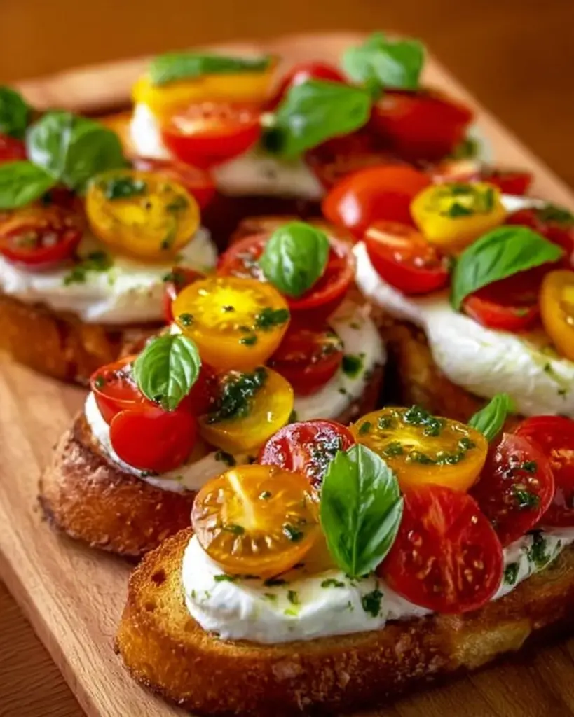 Burrata-Bruschetta mit frischen Tomaten und Basilikum auf geröstetem Brot