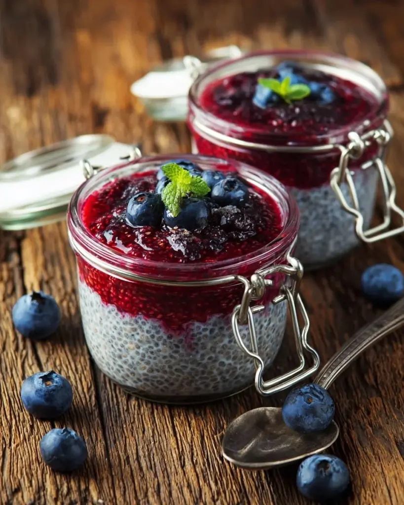 Chiasamen-Pudding mit Blaubeeren in einer Schüssel