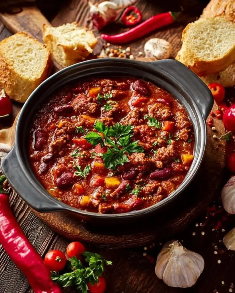 Eine Schüssel Chili con Carne garnierte mit frischen Kräutern und einer Limettenscheibe.