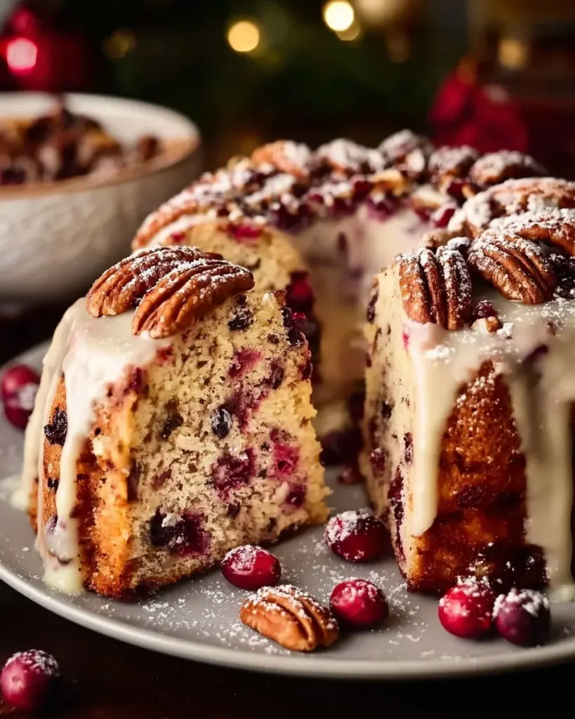 Cranberry-Pecan-Kaffeekuchen mit Vanilleglasur auf einem Teller
