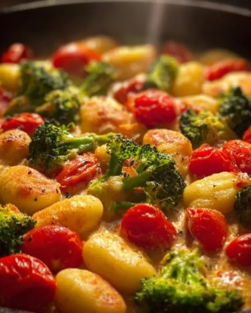 Cremige Gnocchi-Pfanne mit frischem Gemüse in einer Pfanne angerichtet