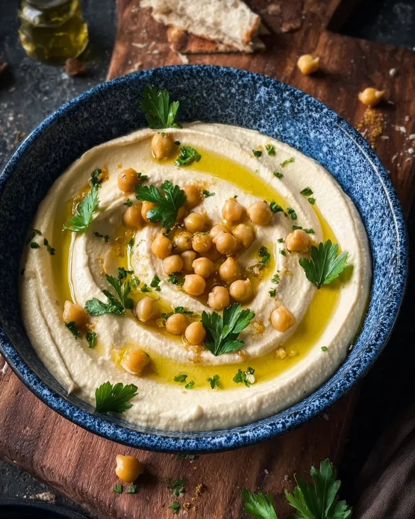 Schüssel mit cremigem Hummus, garniert mit Olivenöl und Paprika.