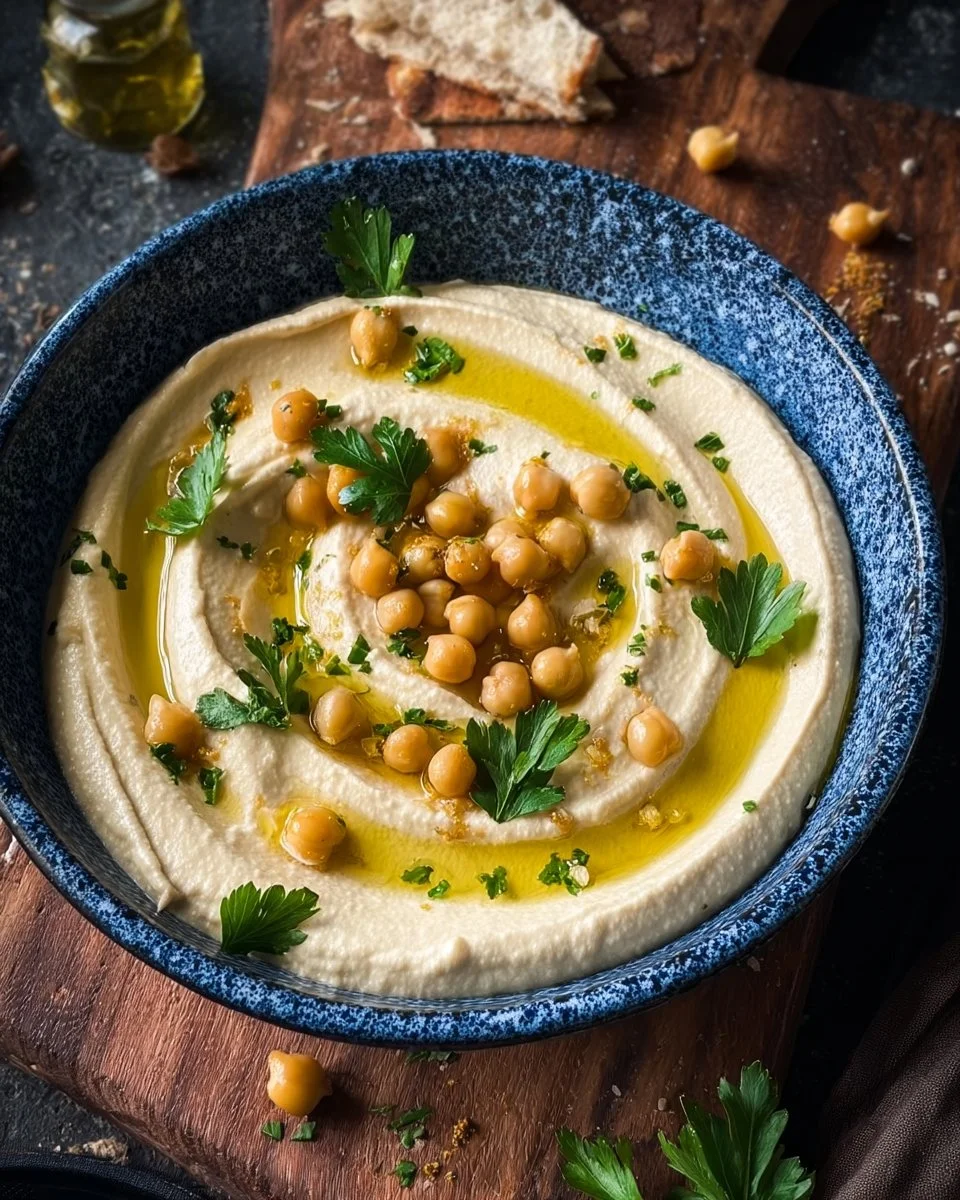 Schüssel mit cremigem Hummus, garniert mit Olivenöl und Paprika.