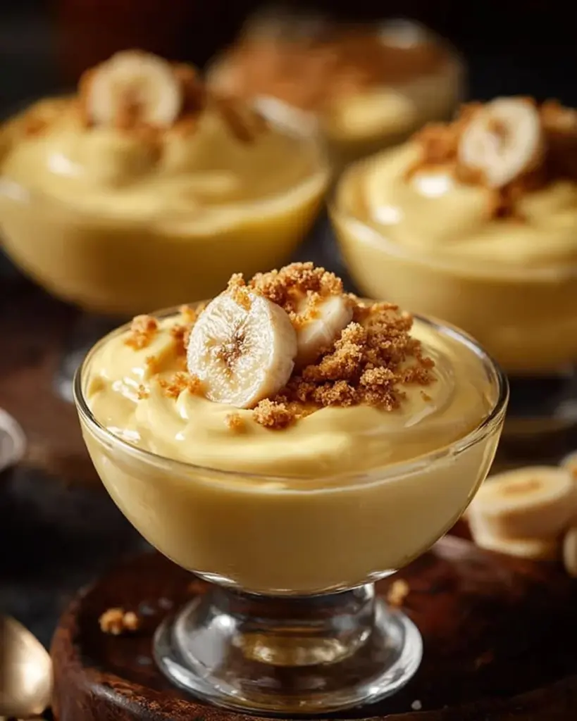Cremiges Bananencreme-Dessert serviert in einer eleganten Schüssel