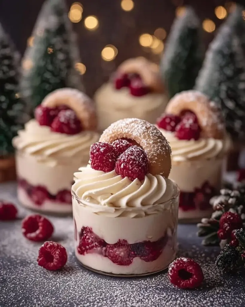 Cremiges Vanillekipferl Dessert mit Himbeeren kunstvoll angerichtet.
