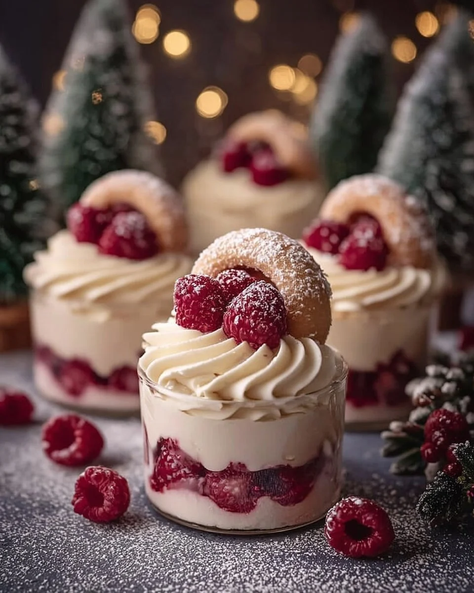 Cremiges Vanillekipferl Dessert mit Himbeeren kunstvoll angerichtet.