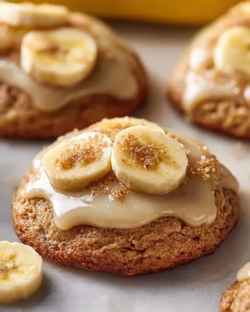 Crumbl Bananenbrotkekse mit Frischkäseglasur auf einem Teller serviert
