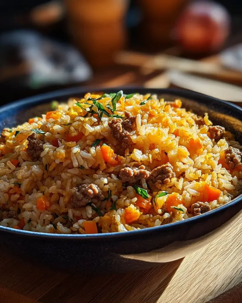 Curry-Risotto mit Hackfleisch, serviert in einer Schüssel.