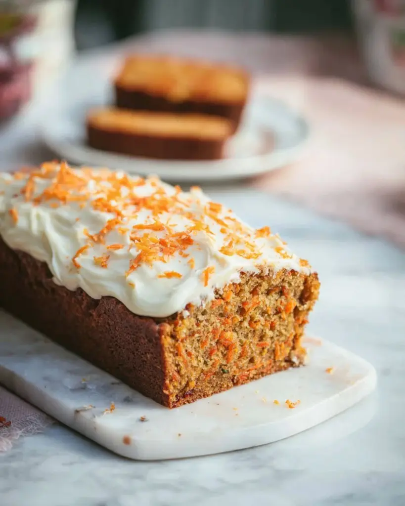 Saftiger Karottenkuchen mit Frischkäse-Glasur auf einem Teller