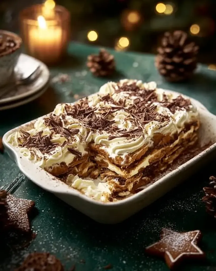 Dessert-Lasagne mit Lebkuchen und süßer Creme auf einem Teller serviert