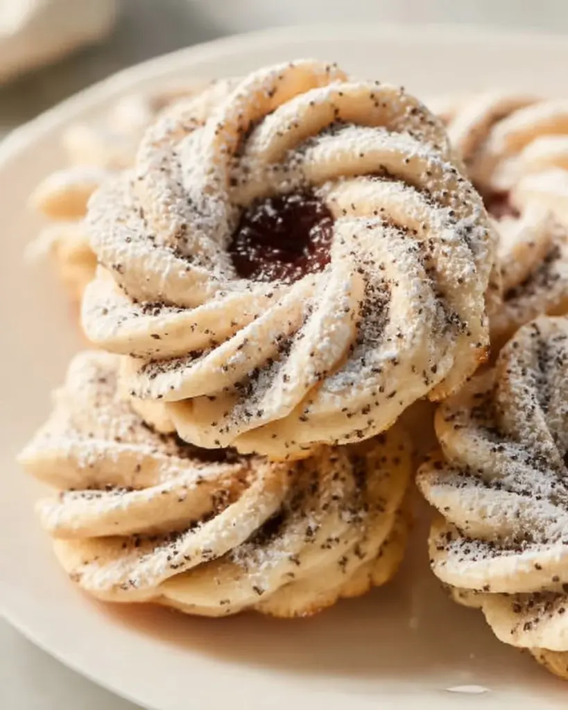 Leckere Doppeldecker Plätzchen mit Marmelade auf einem dekorativen Teller