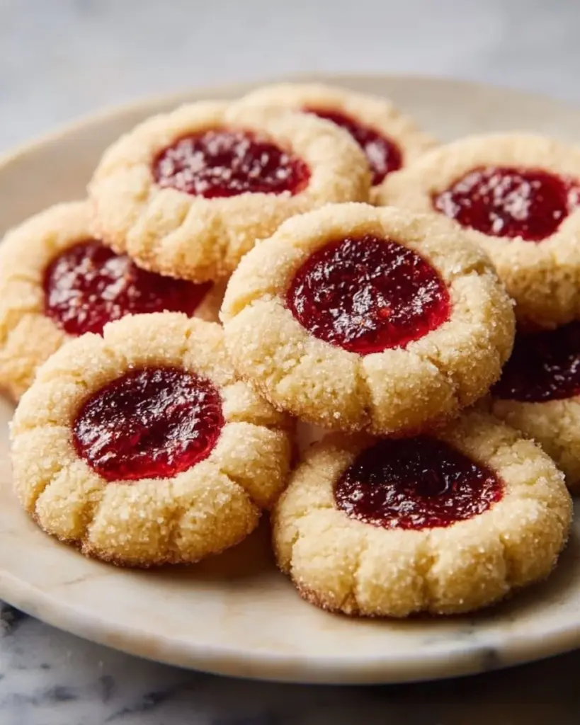 Daumenabdruck-Kekse mit Marmelade auf einem Teller