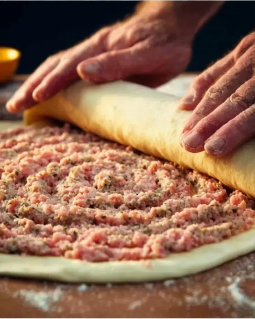 Eingerollter Teig mit Hackfleisch, lecker und einfach zubereitet