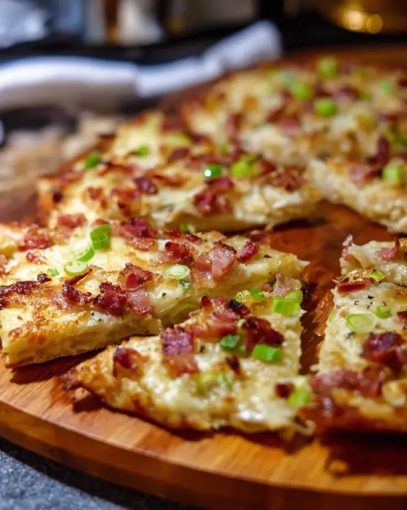 Eine köstliche Scheibe Elsässer Flammkuchen mit Zwiebeln und Speck