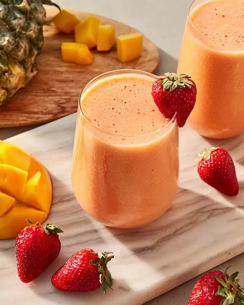 Erdbeer-Mango-Ananas-Smoothie in einem Glas mit frischen Früchten