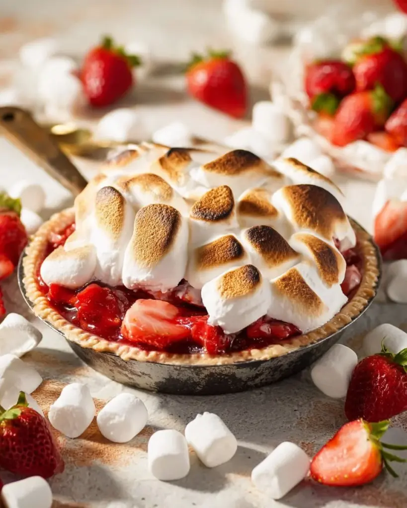 Erdbeeren mit Minze und gerösteten Marshmallows auf einem Teller.
