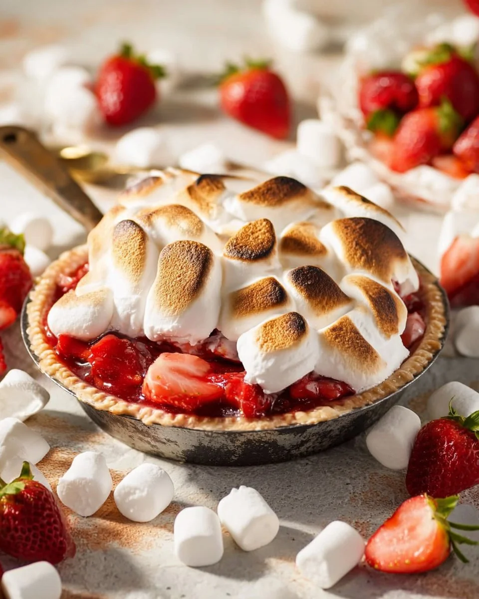 Erdbeeren mit Minze und gerösteten Marshmallows auf einem Teller.