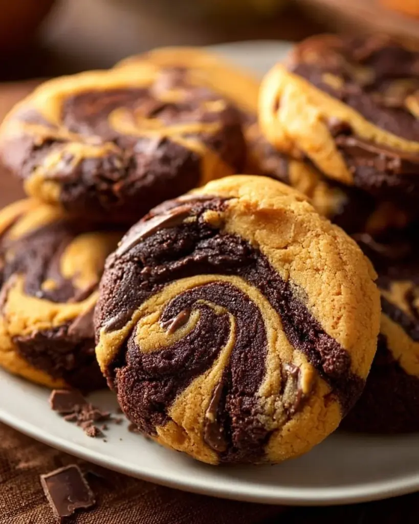 Leckere Erdnussbutter-Brownie-Schnecken-Kekse auf einem Teller