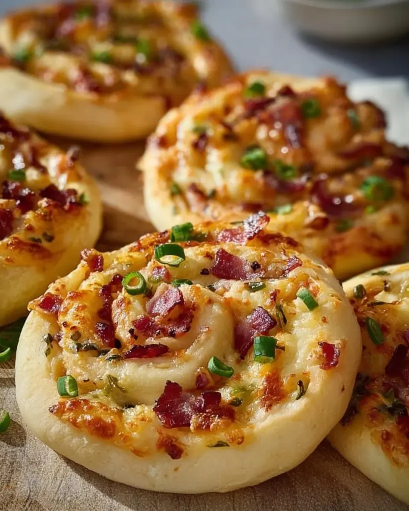 Leckere Flammkuchen-Schnecken frisch aus dem Ofen mit einer goldbraunen Kruste