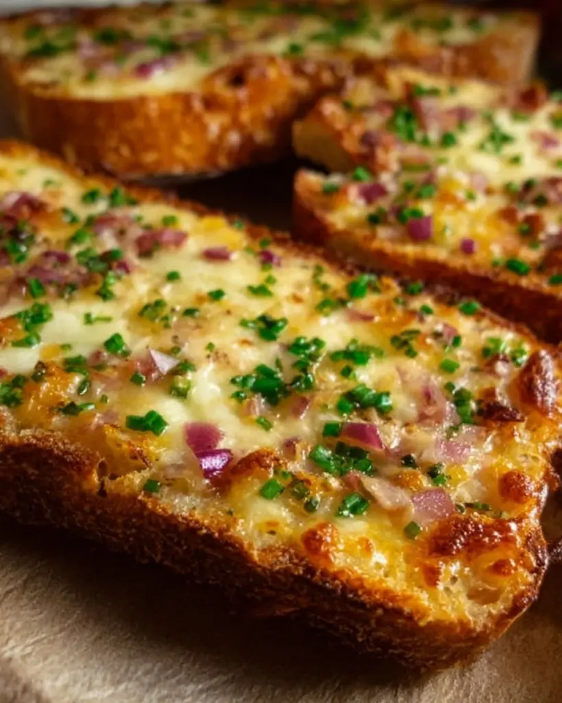 Flammkuchen Toast mit frischen Zutaten auf einem Holzbrett serviert