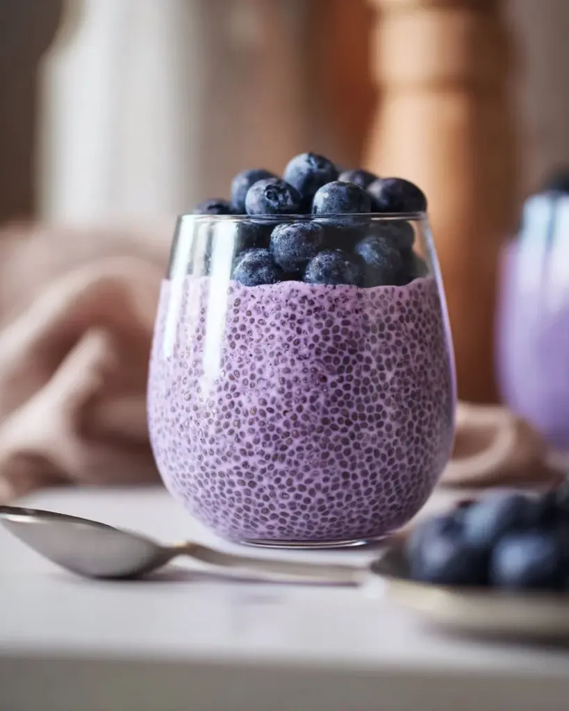 Gesunder Blaubeer-Chia-Samen-Pudding in einer Schale.