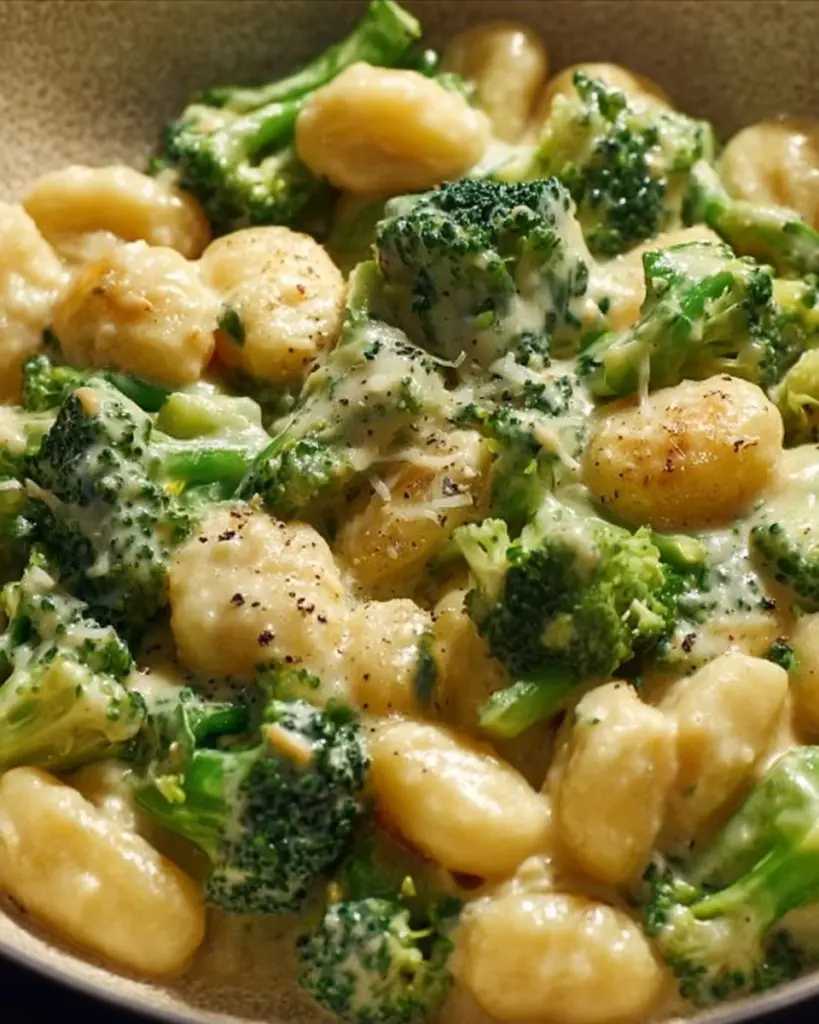 Gnocchi in Brokkoli-Sahnesoße auf einem Teller serviert
