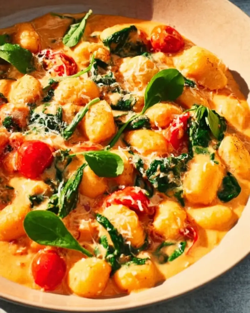 Leckere Gnocchi in einer Pfanne zubereitet mit frischen Zutaten