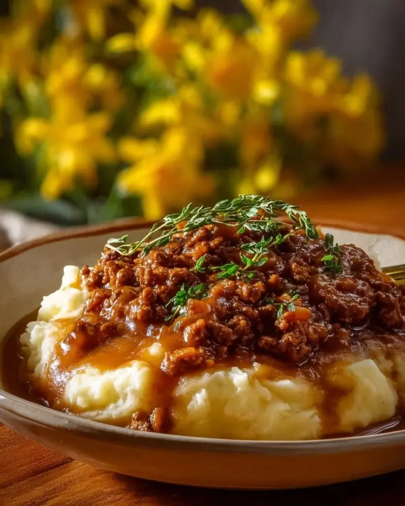 Hackfleisch mit Bratensauce serviert auf cremigem Kartoffelpüree
