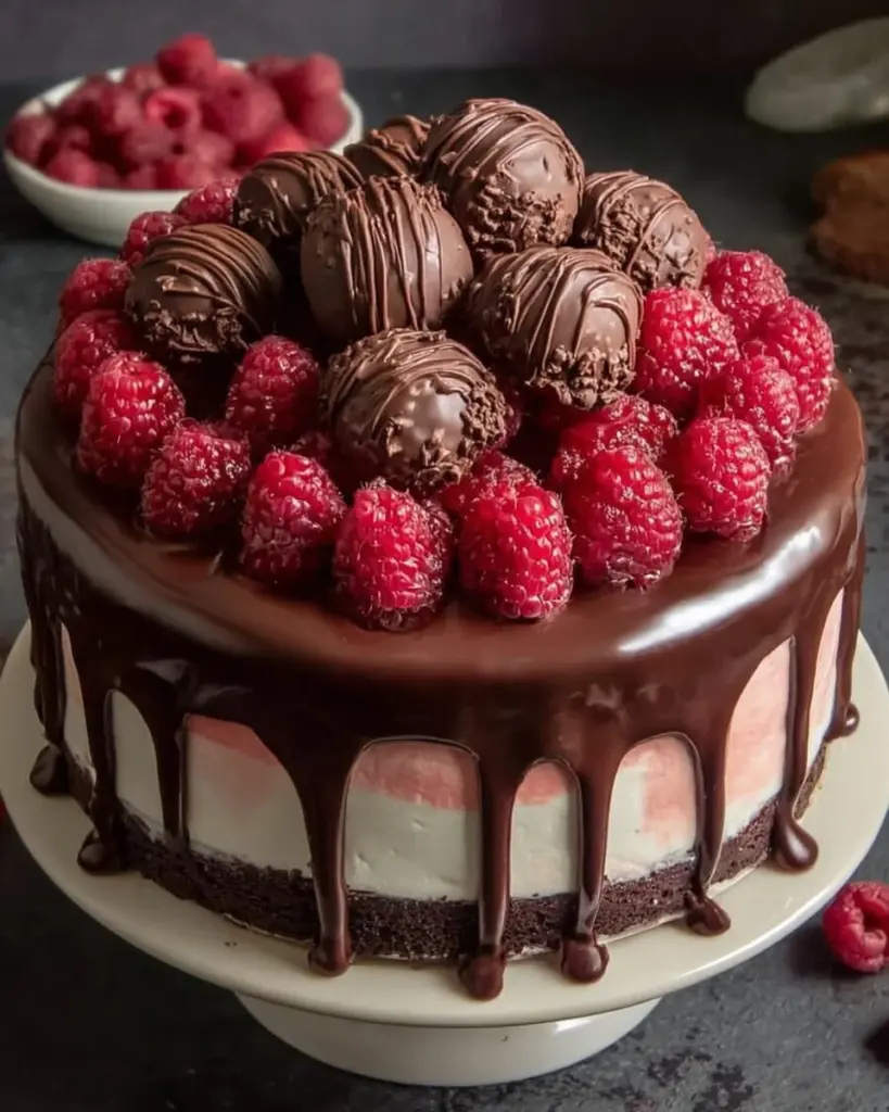 Himbeer Frischkäse Torte mit Schokolade auf einem Teller