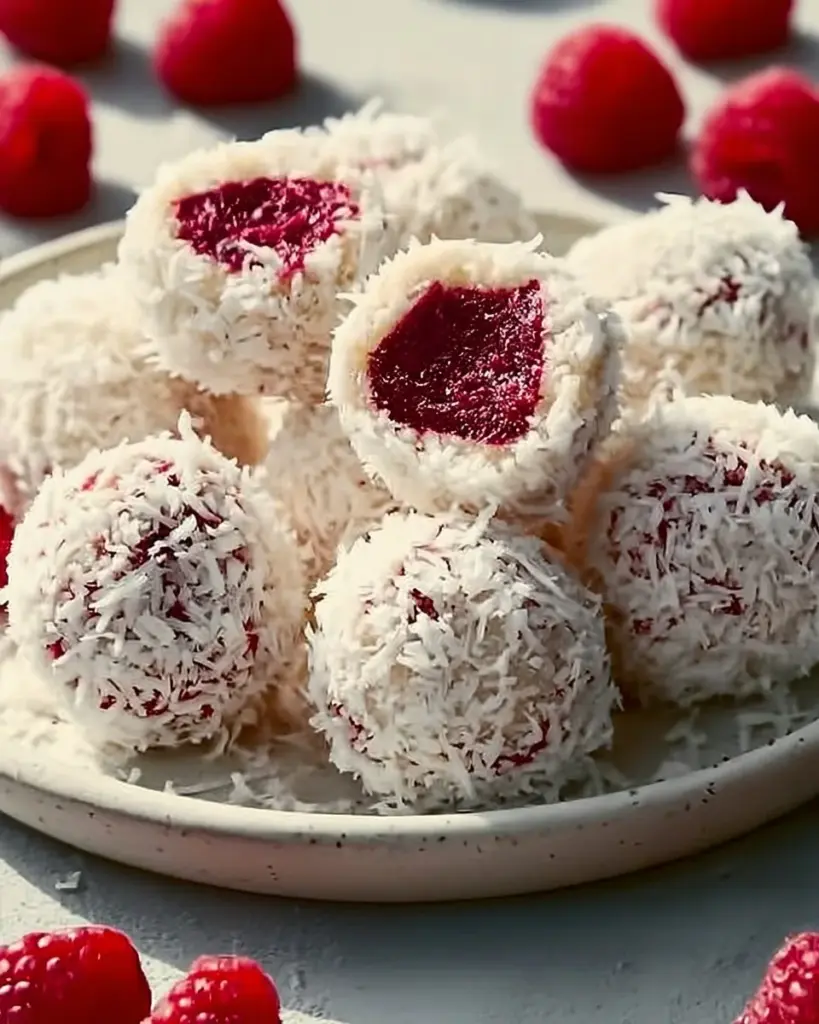 Himbeer-Kokosbällchen auf einem Teller mit frischen Himbeeren und Kokosflocken
