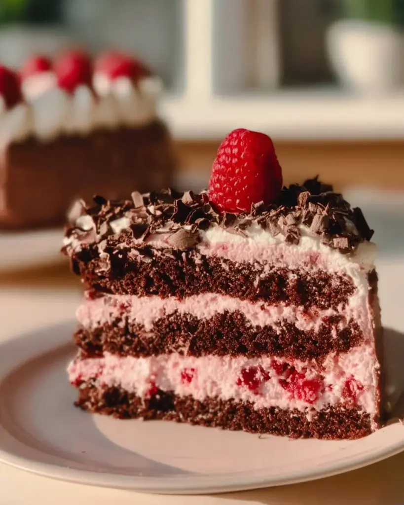 Himbeer-Schoko-Torte mit frischen Himbeeren und Schokoladenglasur