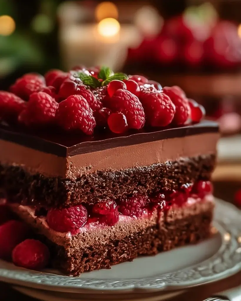 Himbeer-Schokoladen-Mousse-Torte auf einem schönen Teller, dekoriert mit Himbeeren