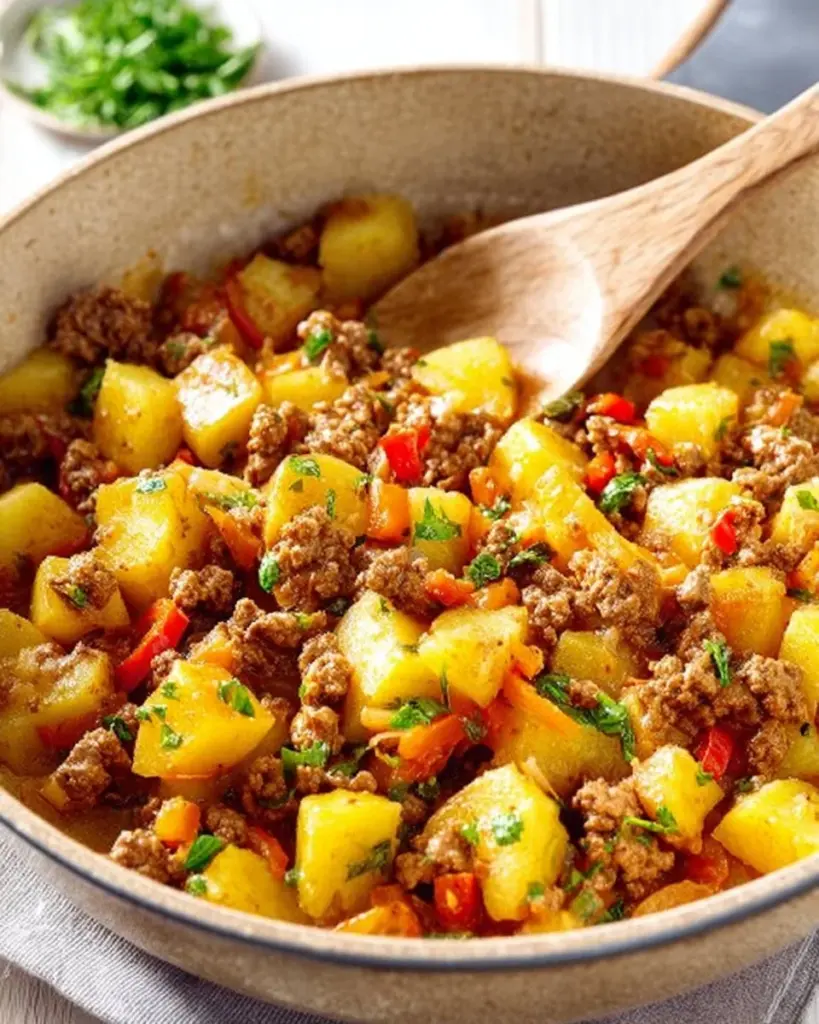 Kartoffel Hackfleisch Pfanne mit frischen Zutaten und Gewürzen