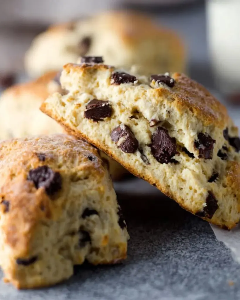 Klassische Sahne-Scones mit Schokolade und Rosinen auf einem Teller
