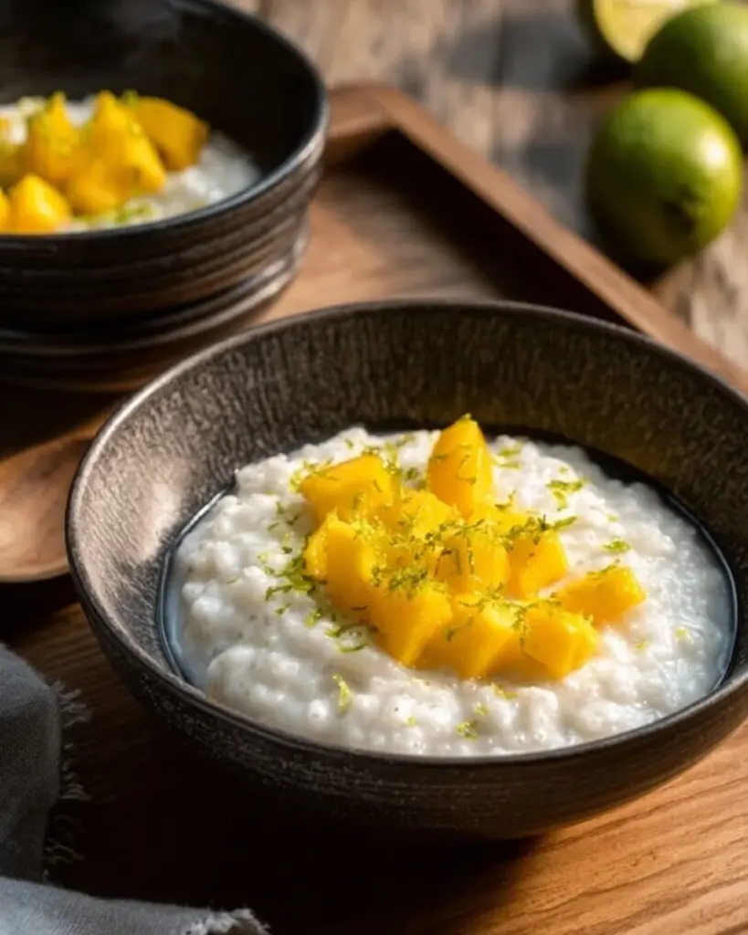 Kokos-Milchreis mit Mango und Limette, leckeres Dessert